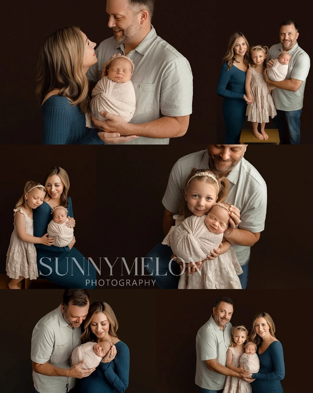 A multi-image collage of a family of four, including a mother in a blue dress, a father in a grey shirt, a young daughter, and a wrapped newborn, posing against a dark brown studio backdrop.