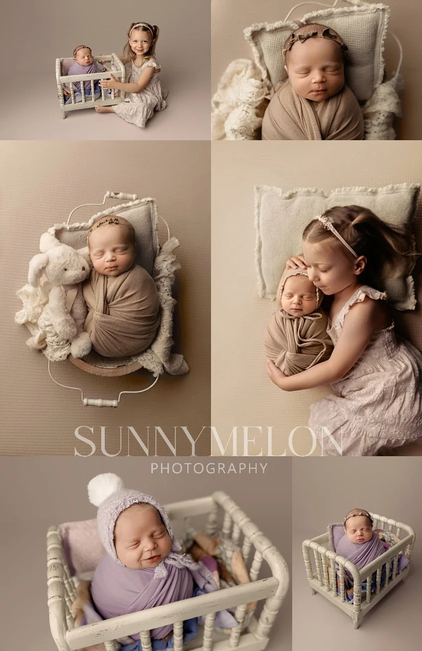 A collage of a young girl in a ruffle dress posing with her newborn sibling in a small vintage bed, and a sleeping baby wrapped in tan fabric with a plush bunny.