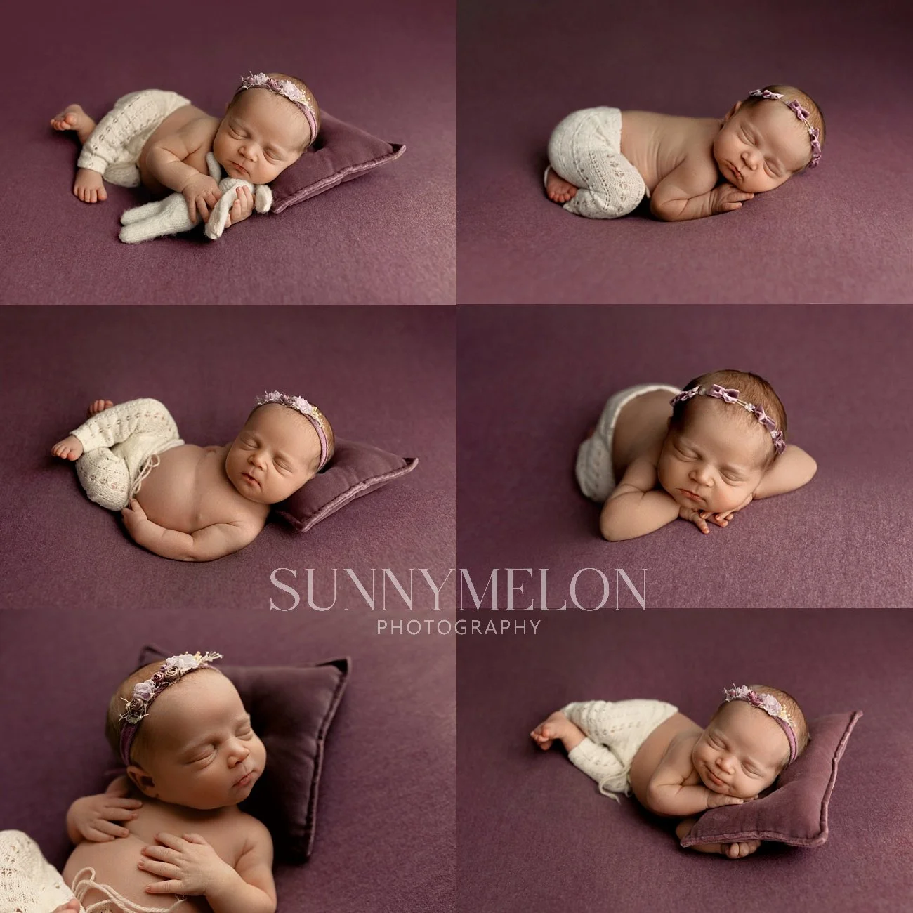 A six-image collage of a sleeping newborn girl wearing a floral headband and white knit pants, posed on a soft purple backdrop in a Portland photography studio.