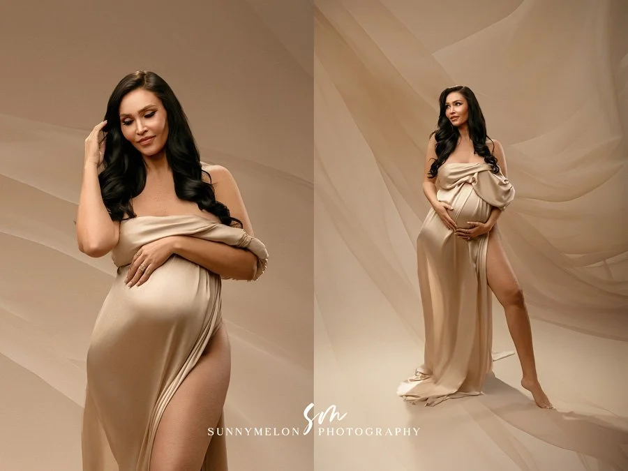 A two-image collage of a pregnant woman with long dark hair posing in a champagne-colored satin drape against a matching neutral fabric backdrop in a professional photography studio.