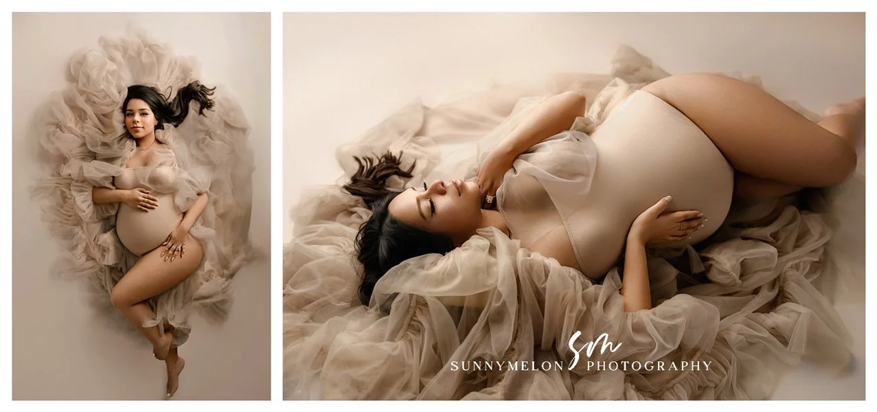 Expecting mother posing with a bodysuit and tulle down in studio maternity session Portland Oregon