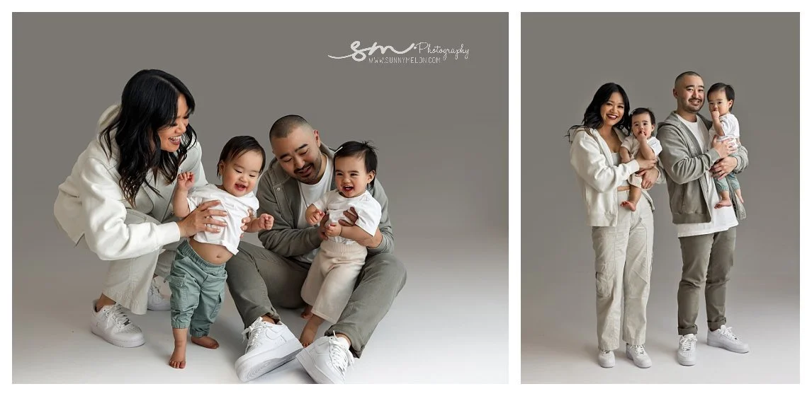 A two-image studio collage against a grey background; the left shows a mother and father laughing on the floor with their toddler twins, and the right shows the family standing together while holding the twins.