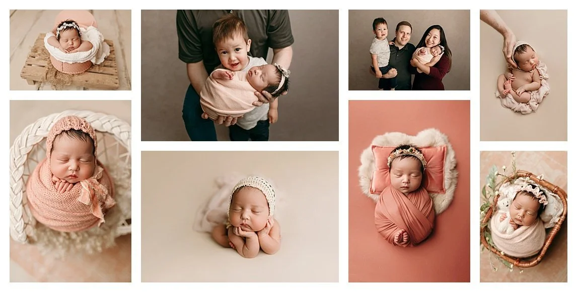 A multi-photo newborn collage featuring family and sibling portraits in burgundy, charcoal, and soft pink. Includes solo baby setups in rustic baskets against neutral and coral backdrops.