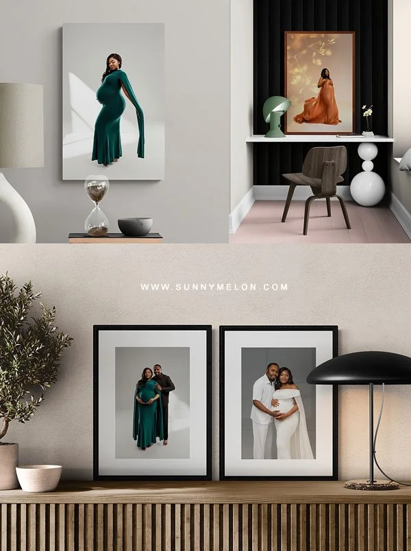 A collage showcasing maternity portraits as interior decor, including a large canvas of a woman in a green gown and framed prints of a couple on a sideboard, displayed in modern, minimalist room settings.