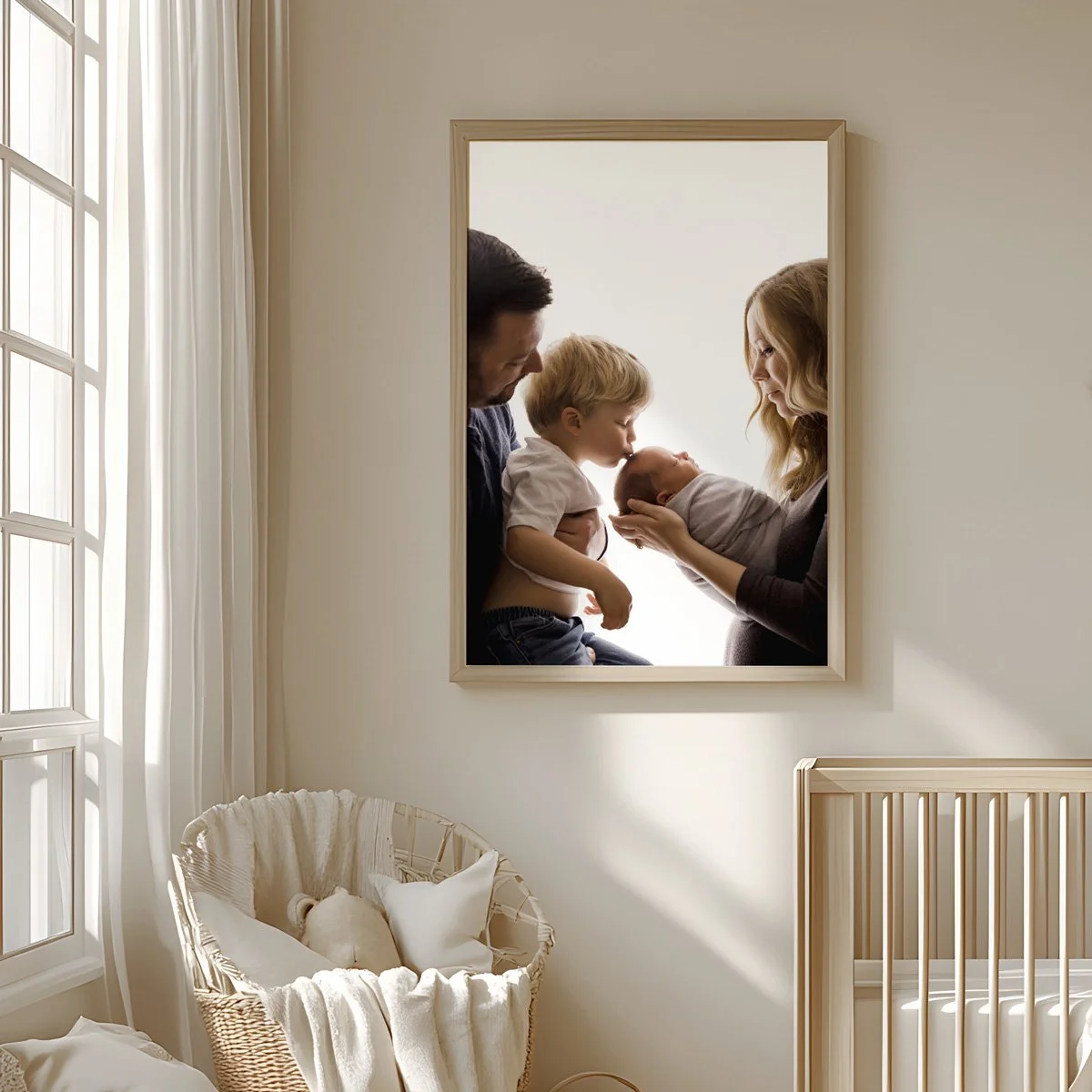 A bright, minimalist nursery featuring a large framed vertical portrait on the wall showing a father, mother, and toddler son kissing a new baby’s head.