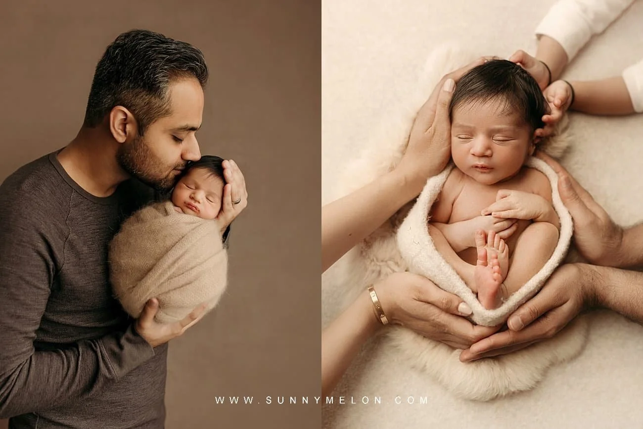 A professional newborn photography collage in warm, earthy tones.
