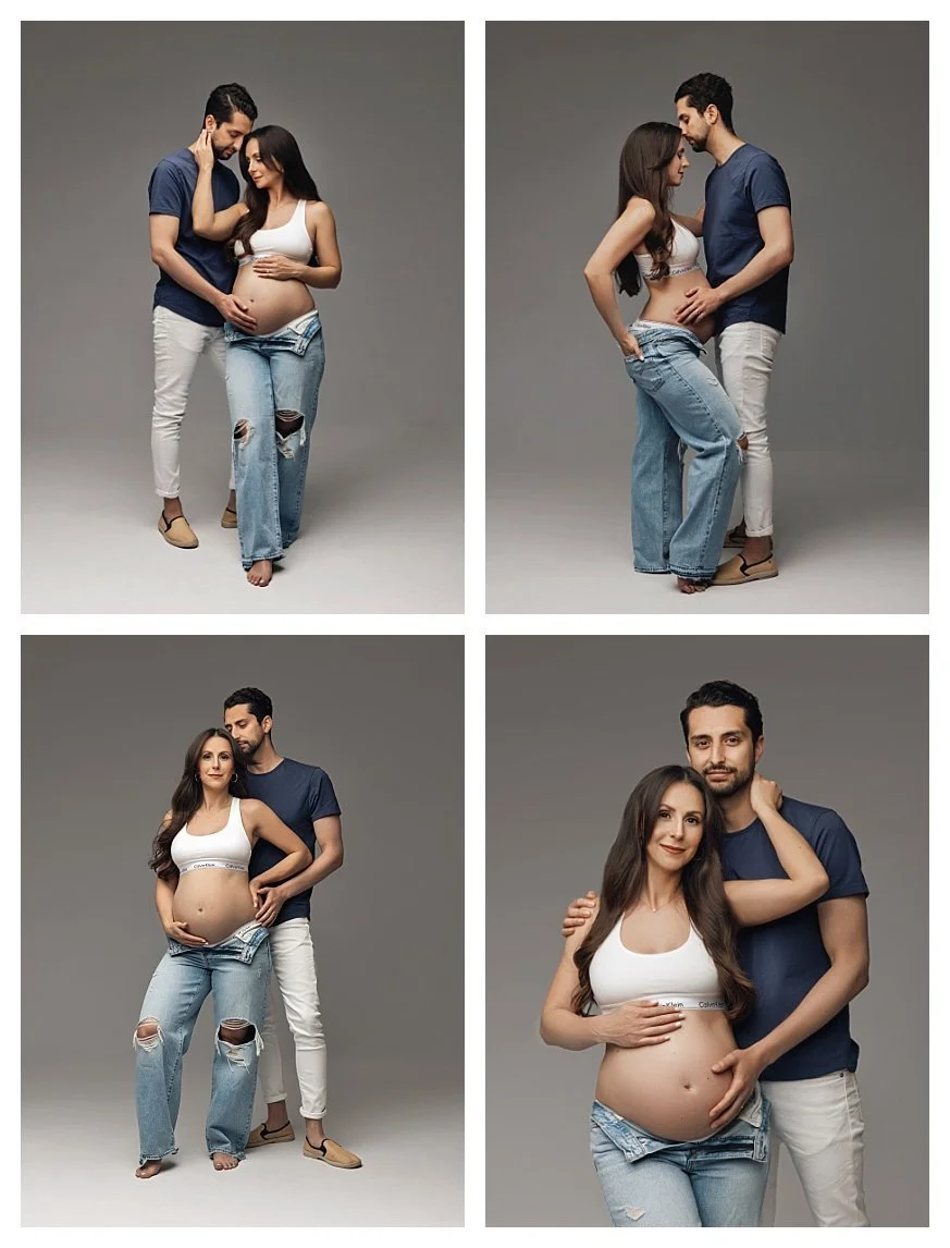 A four-image studio maternity collage of a couple against a gray background; the wife wears a white sports bra and unbuttoned jeans, and the husband wears a navy t-shirt and white pants.