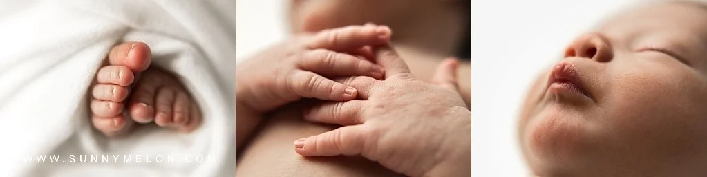 Close-up macro details of a newborn baby’s feet, tiny hands, and peaceful face in a professional studio setting.