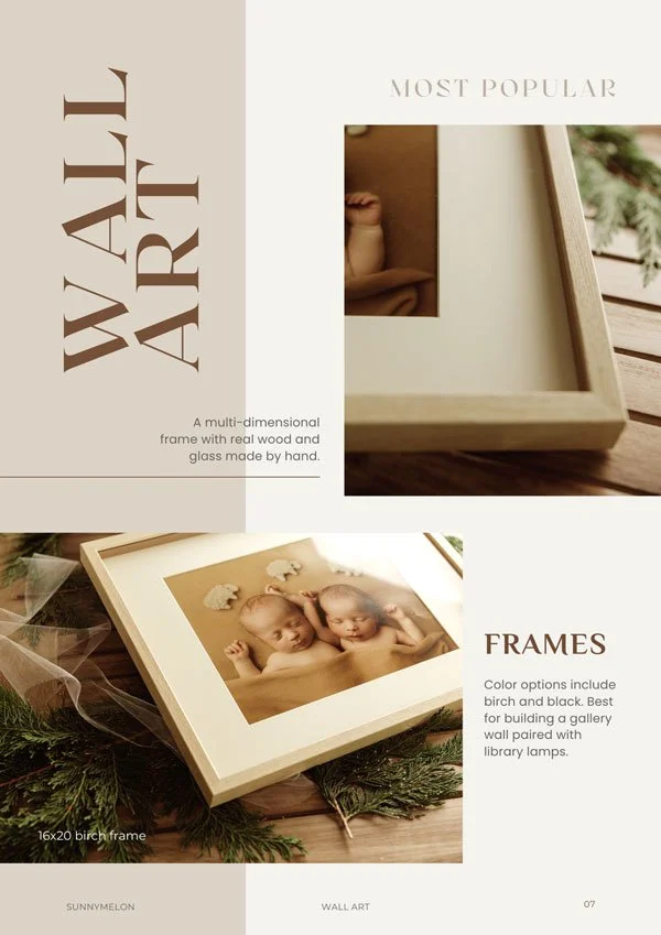 A professional product guide for SunnyMelon Photography showcasing handcrafted 16x20 birch wood frames featuring twin newborn portraits.
