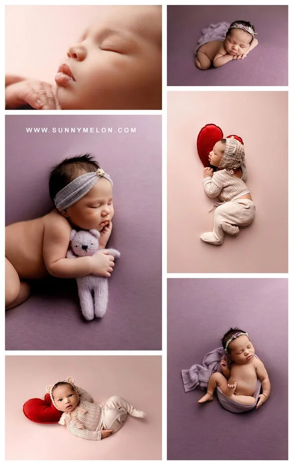 A six-image collage of a newborn baby girl; featuring sleeping poses on lilac backdrops with a knit teddy bear, macro facial details, and awake shots on a peach background with a red heart pillow.