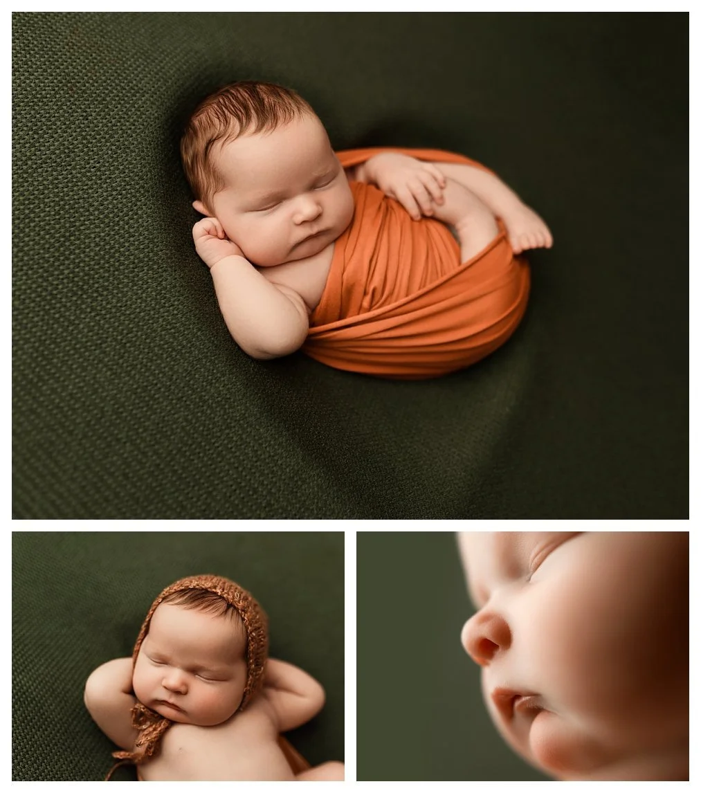 A three-image studio collage against an olive green backdrop; the top shows a sleeping baby in a terracotta swaddle, the bottom left shows the baby in a knit bonnet, and the bottom right features a macro close-up of the nose and lips.