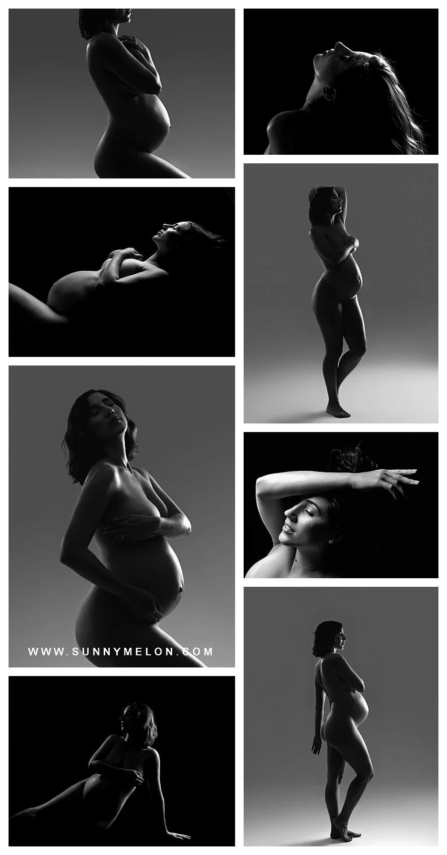 Sunnymelon Photography collage showcasing eight examples of fine art black and white maternity photography. The images feature dramatic pregnant silhouettes, nude and semi-nude maternity poses, and close-up portraits, emphasizing light and shadow for
