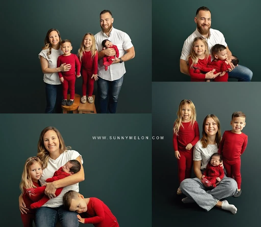 Professional family studio portraits on a dark evergreen background with children in matching red outfits.