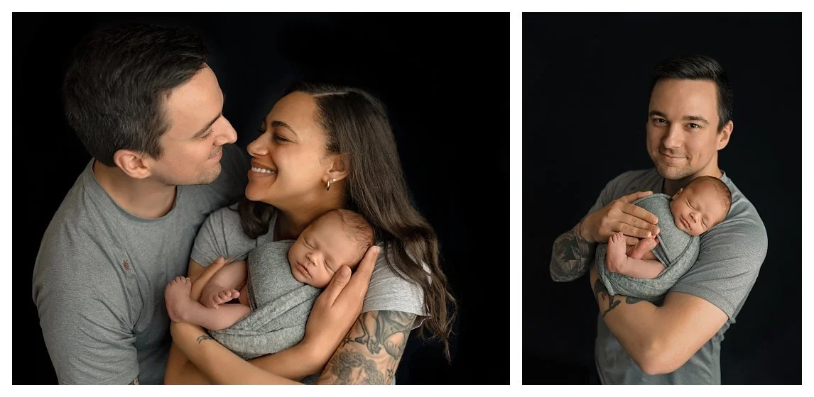 A side-by-side newborn collage on a black backdrop. The left shows a couple in grey t-shirts cradling their sleeping baby; the right features a solo portrait of the father holding his newborn.