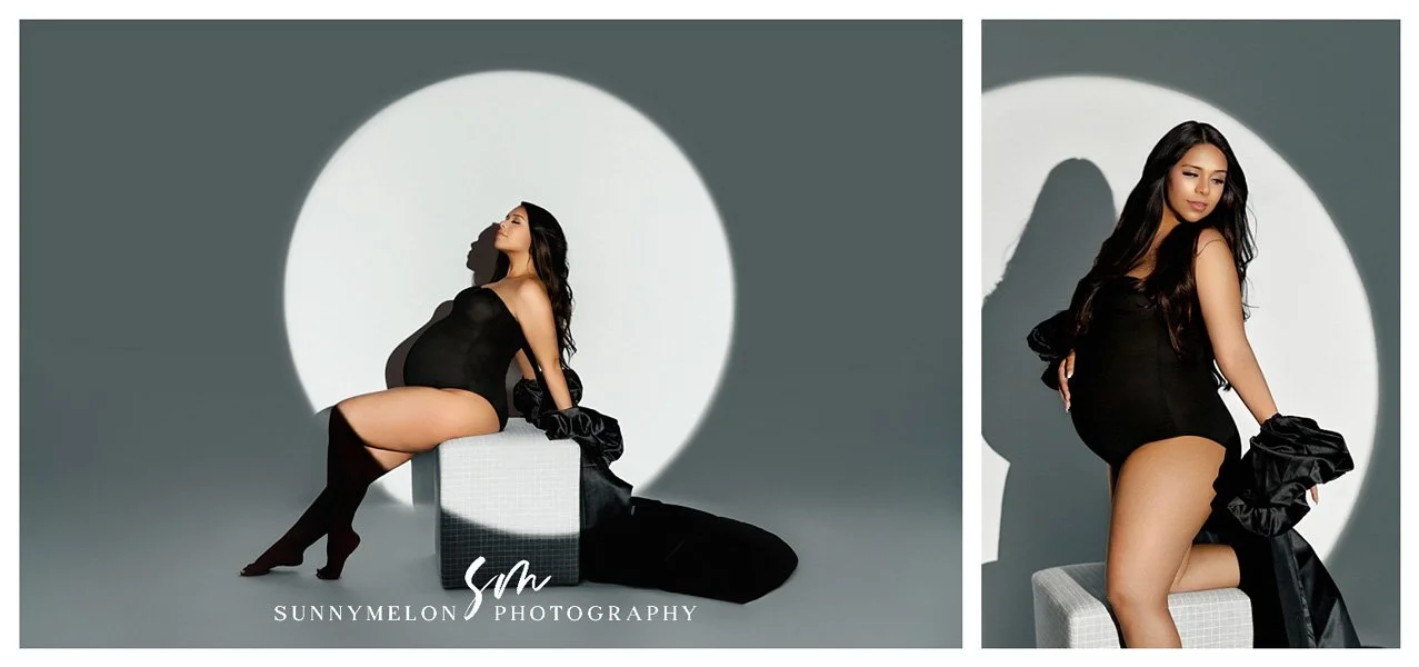 Gobo circle shaped studio maternity session with mom posing on a cube stool in chic black outfit with layer