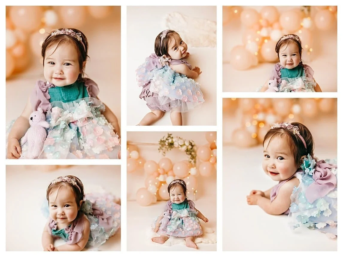 A multi-image collage of a smiling baby girl wearing a lavender and teal 3D floral applique dress; featuring her in various candid sitting, crawling, and smiling poses in a cream studio filled with peach balloons.