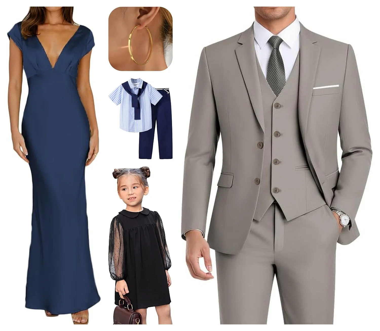 A family session style guide featuring a navy blue V-neck evening gown, a light grey three-piece men's suit, gold hoop earrings, a boy's striped nautical outfit, and a girl's black dress with sheer sleeves.