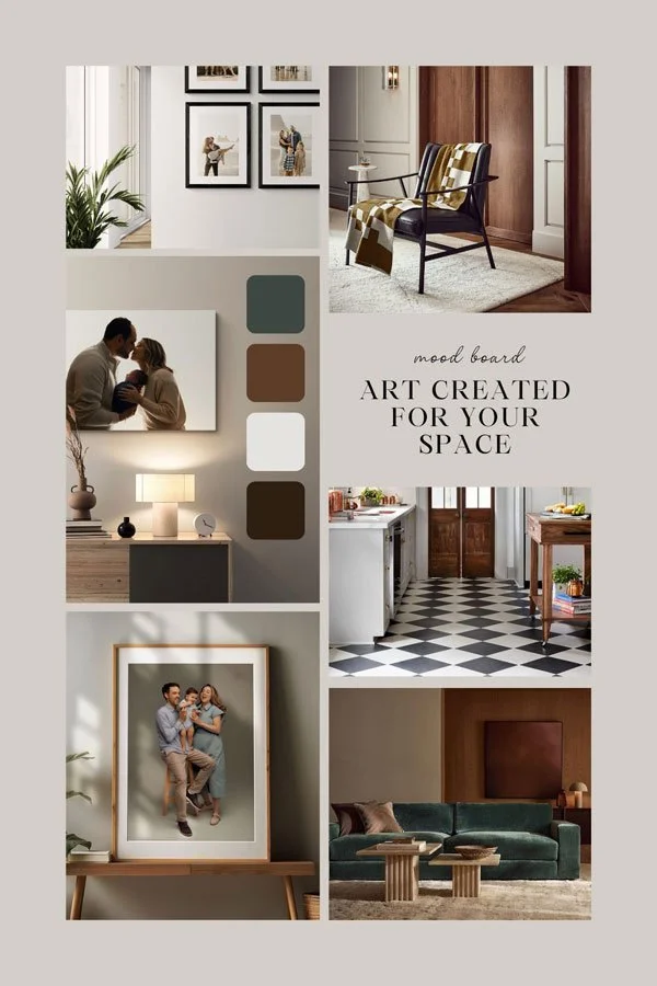 A professional mood board titled 'Art Created for Your Space' by SunnyMelon Photography, featuring home interior inspiration and custom-framed family portraits.