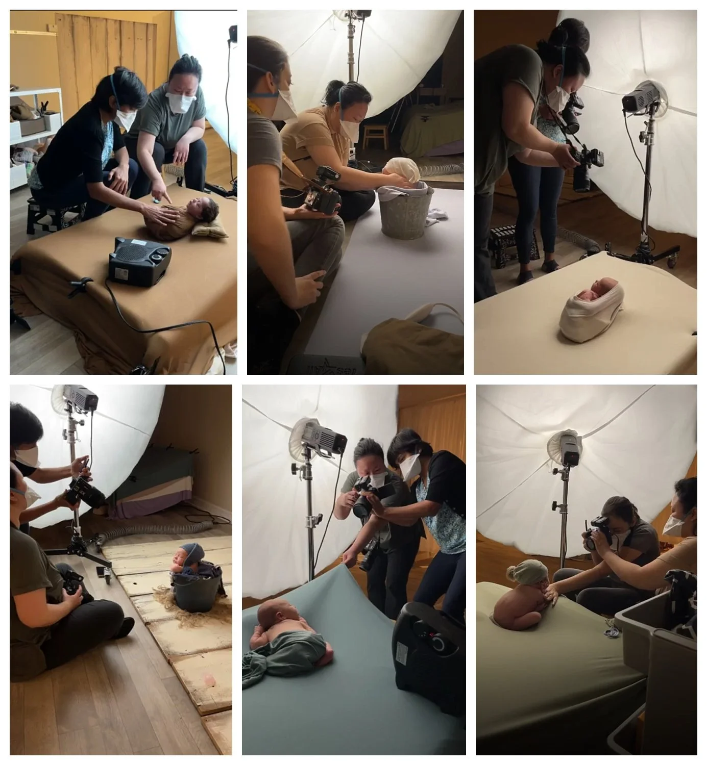 Mentor demonstrating safe newborn posing technique during photography workshop
