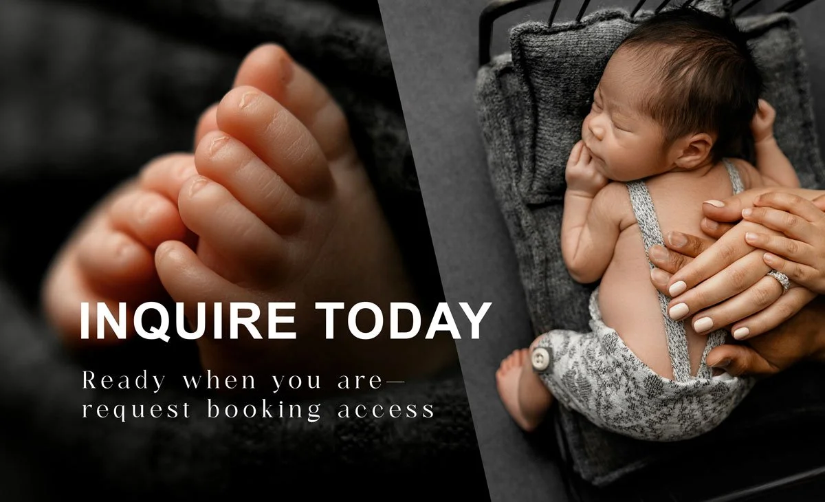 Website inquiry banner for a West Linn, Oregon newborn photography studio featuring a macro shot of baby toes, a sleeping newborn on a tiny bed, and text reading "INQUIRE TODAY".