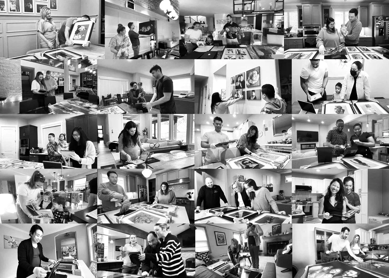A collage showing a photographer and clients interacting with large framed portraits, including home wall art installation and families viewing their photo collections together.