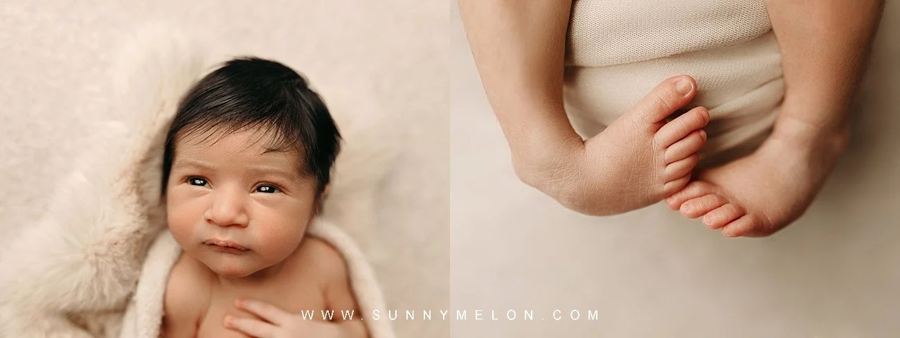 A professional newborn photography collage featuring two soft, warm-toned images.
