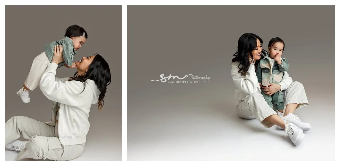 A two-image studio collage against a grey background; the left shows a mother sitting on the floor lifting one twin toddler, and the right shows her smiling while cuddling the other twin in her lap.