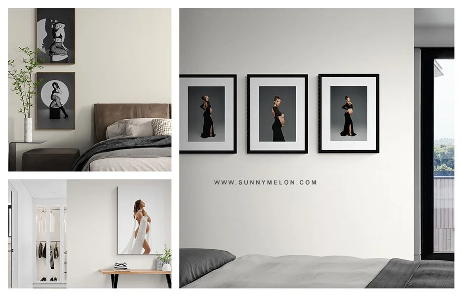 A collage showing various maternity portraits as home decor, including a triptych of framed black-and-white photos in a bedroom and a large canvas in a minimalist hallway.
