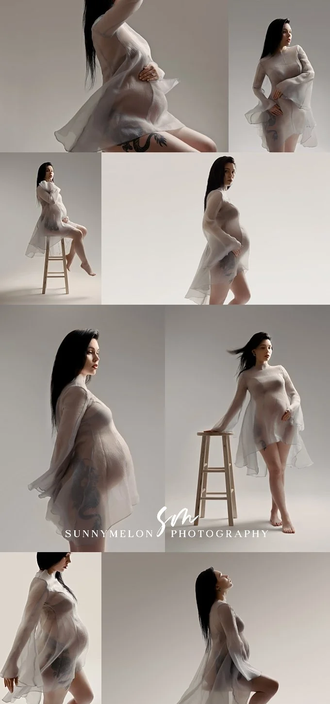 Studio boudoir maternity photo collage featuring a pregnant woman posing elegantly in a flowing sheer grey tunic dress across multiple minimalist portraits on a light background.
