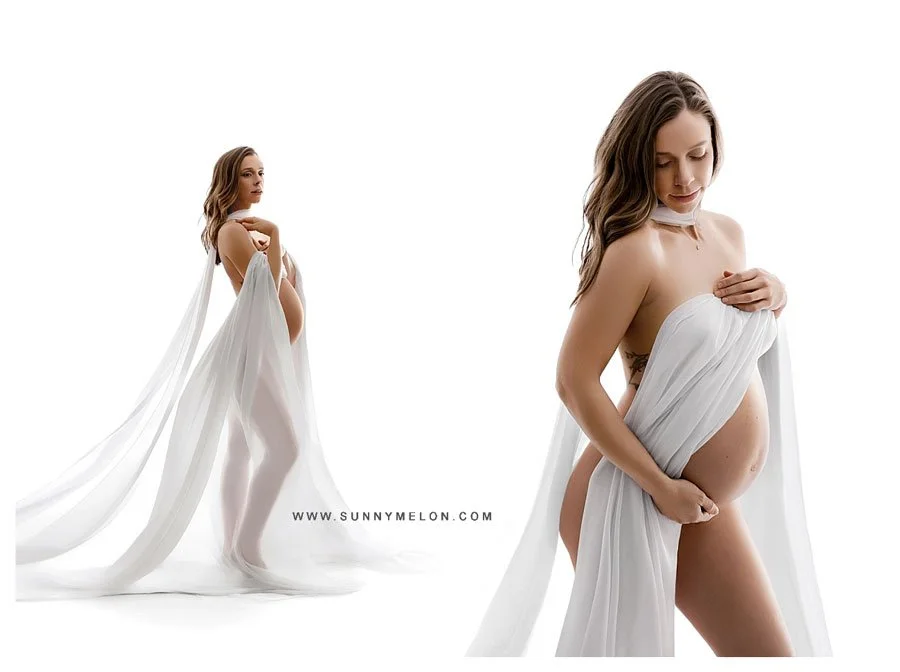 A two-image collage of a pregnant woman in a bright white studio; she is draped in sheer, flowing white fabric that creates a long cape effect, highlighting her silhouette and pregnancy bump.