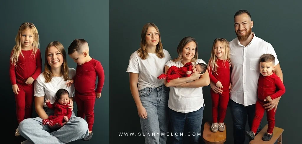 Professional family portraits on a dark green background featuring parents, three children, and nanny.