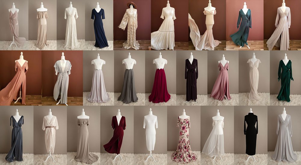 A comprehensive collage showcasing the Sunny Melon Photography client wardrobe, featuring over 20 elegant maternity gowns and dresses in various colors and styles on mannequins.