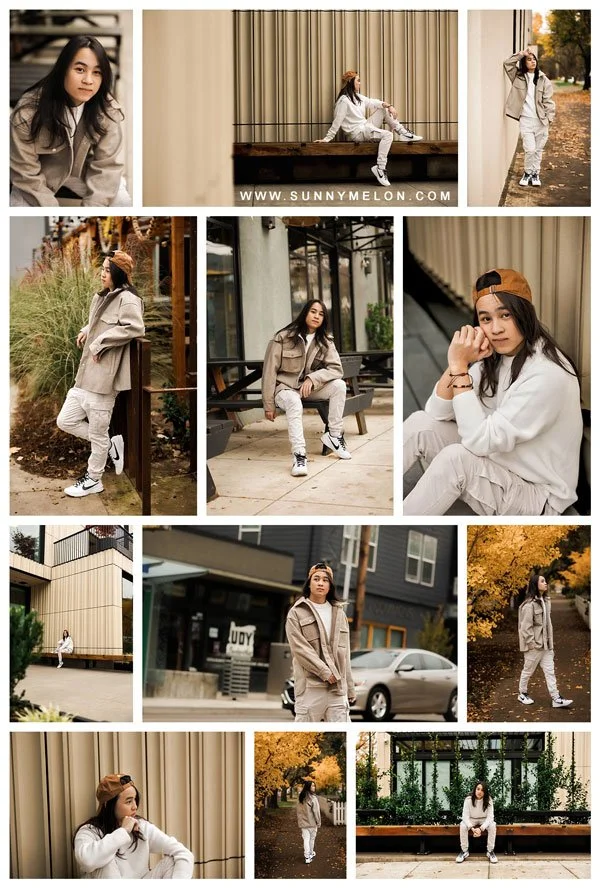 An urban senior portrait collage featuring a male high school senior with long dark hair. He wears neutral streetwear—including a white sweater and a tan shirt jacket—posed across various settings from industrial buildings to autumn trees.