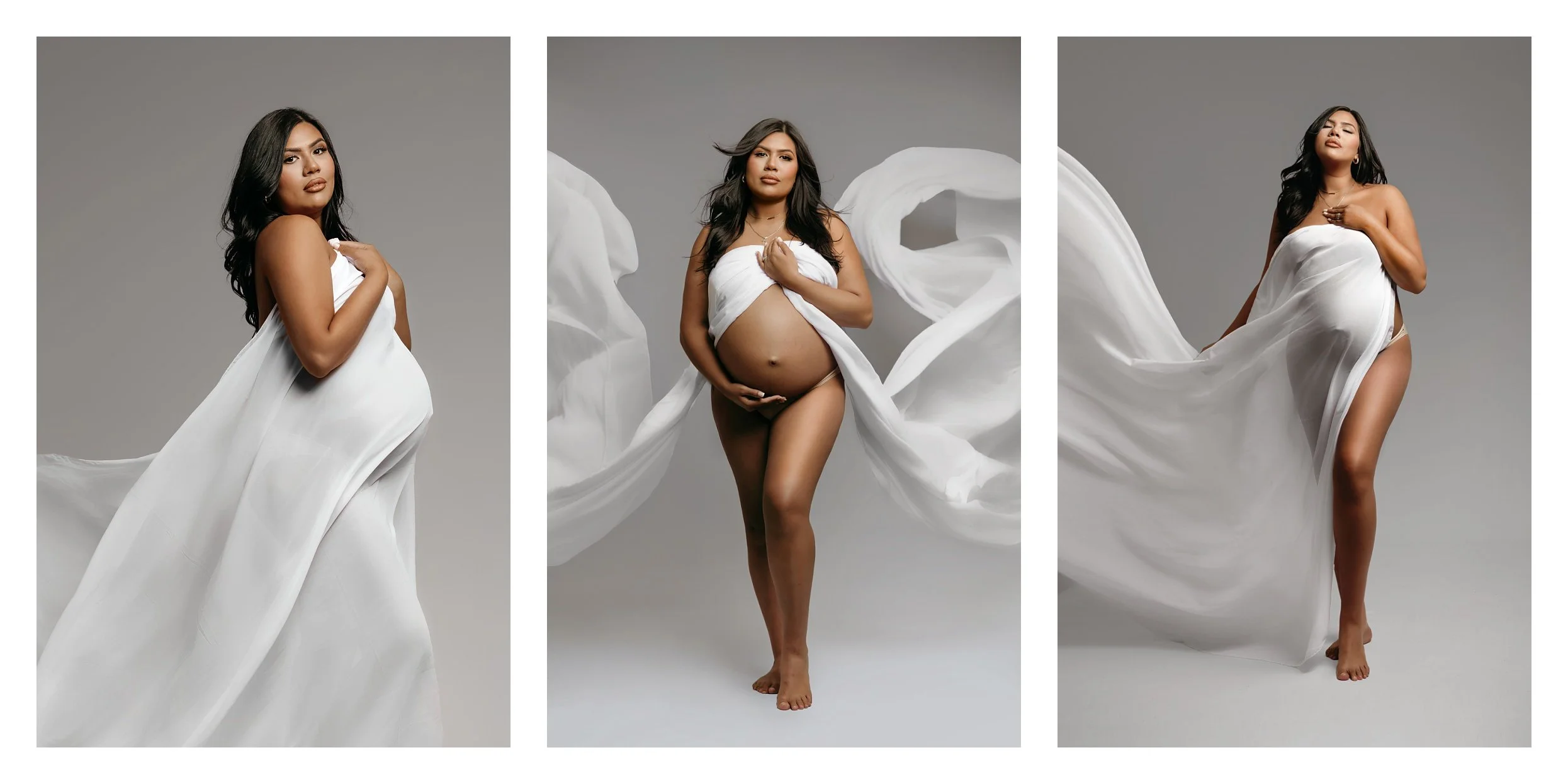 A three-image studio maternity collage against a grey background; an expectant mother poses with flowing white fabric draping her body in profile, full-frontal, and three-quarter angles.