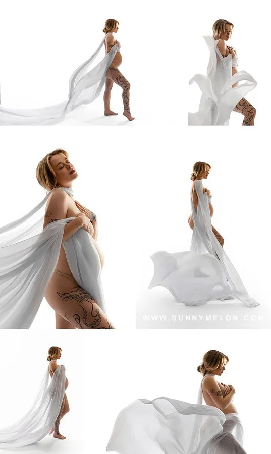 A collage of high-key maternity portraits featuring a woman with tattoos artistically draped in long, flowing white fabric against a bright white studio background.