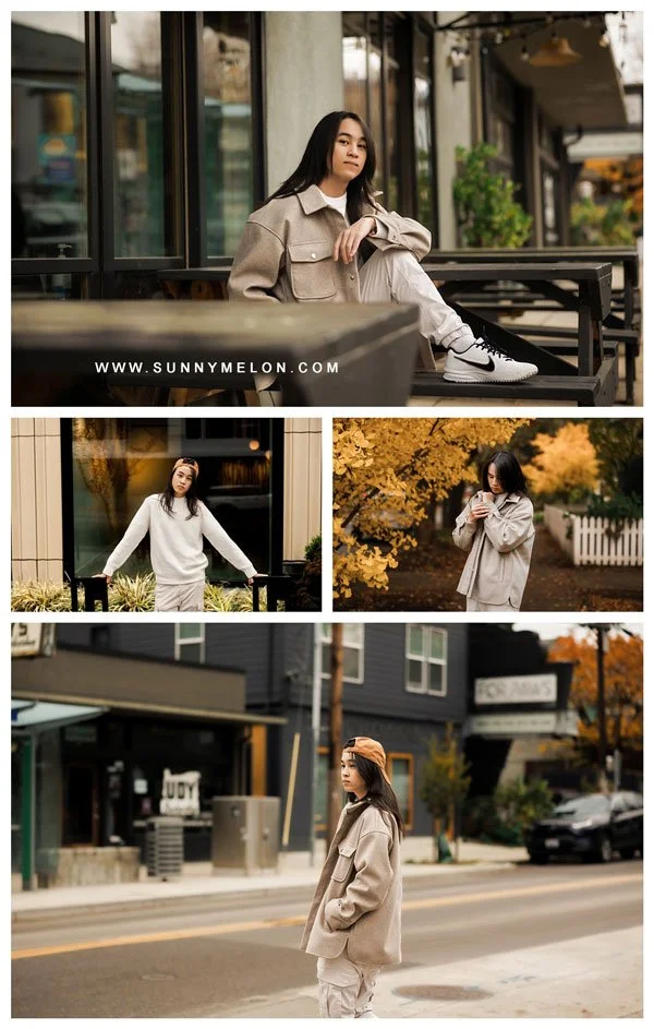 An outdoor senior collage featuring a long-haired male in modern streetwear. He wears a tan jacket, white sweater, and cargo pants, posed against Portland backgrounds including a cafe, autumn trees, and a storefront street.