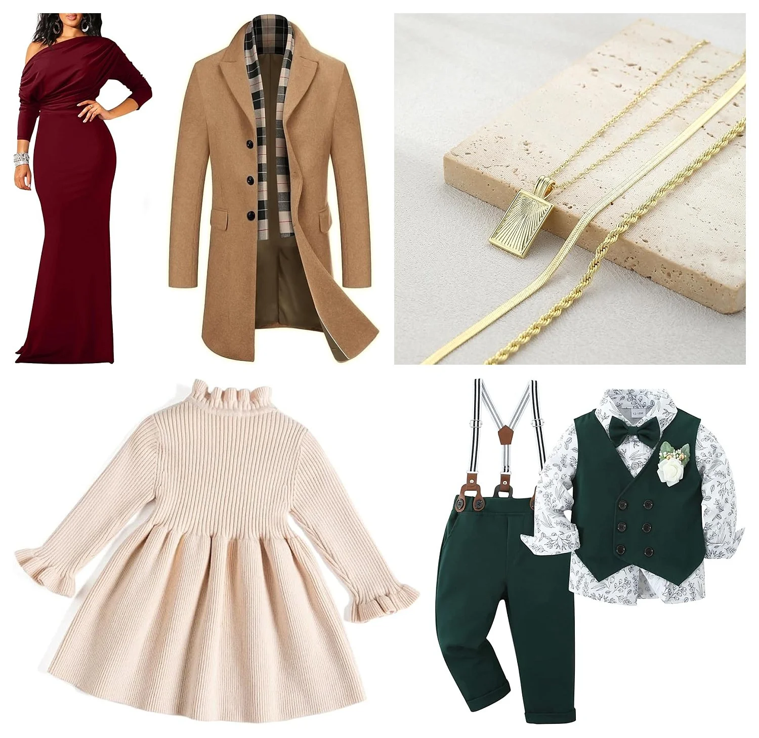 A mood board for family photography styling featuring a burgundy gown, a camel wool coat, gold jewelry, a cream ribbed girl's dress, and a boy's emerald green vest suit with suspenders.