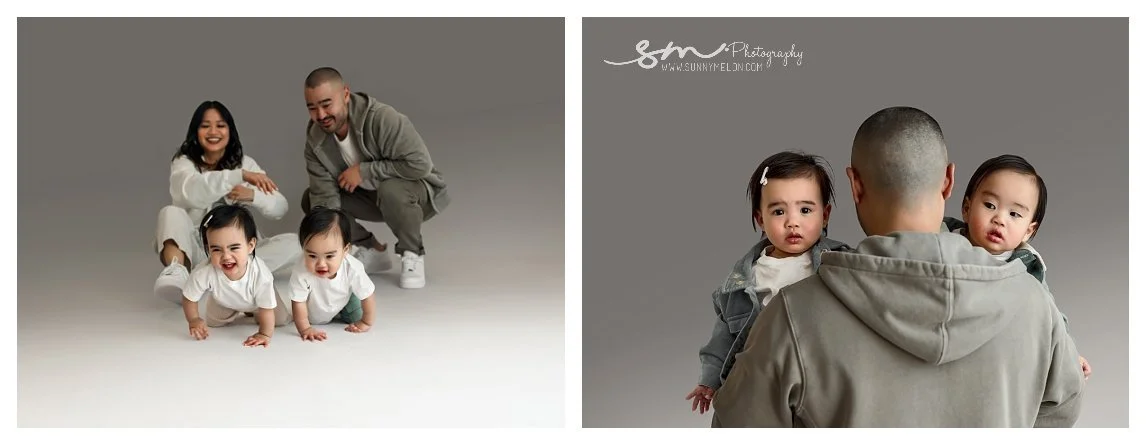 A two-image studio family collage against a grey background; the left frame shows twin toddlers crawling forward while their parents smile behind them, and the right frame shows a father from behind holding both twins over his shoulders.