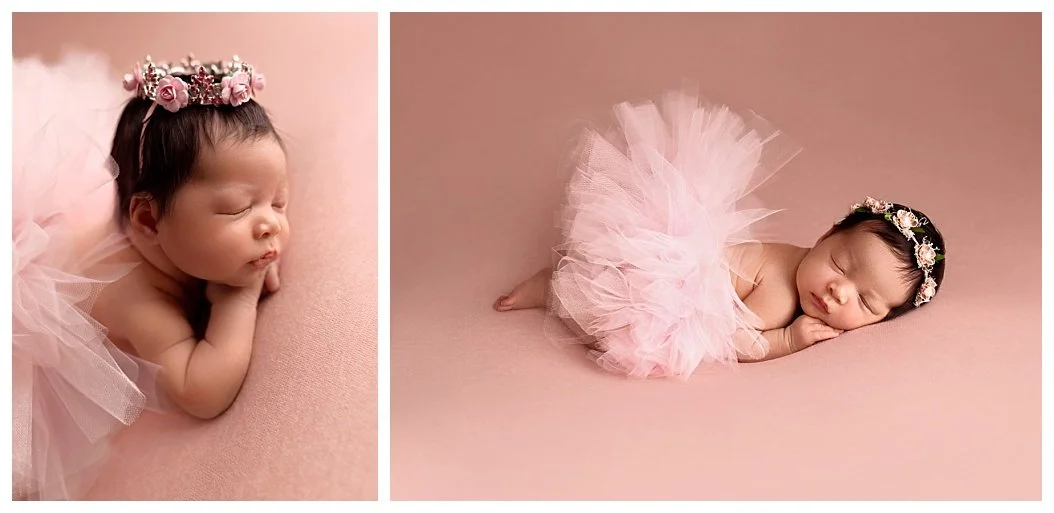 Newborn collage: Left shows a sleeping baby in a pink crystal crown; right, a side view in a pink tutu and floral headband. Both portraits are set against a soft pink background.