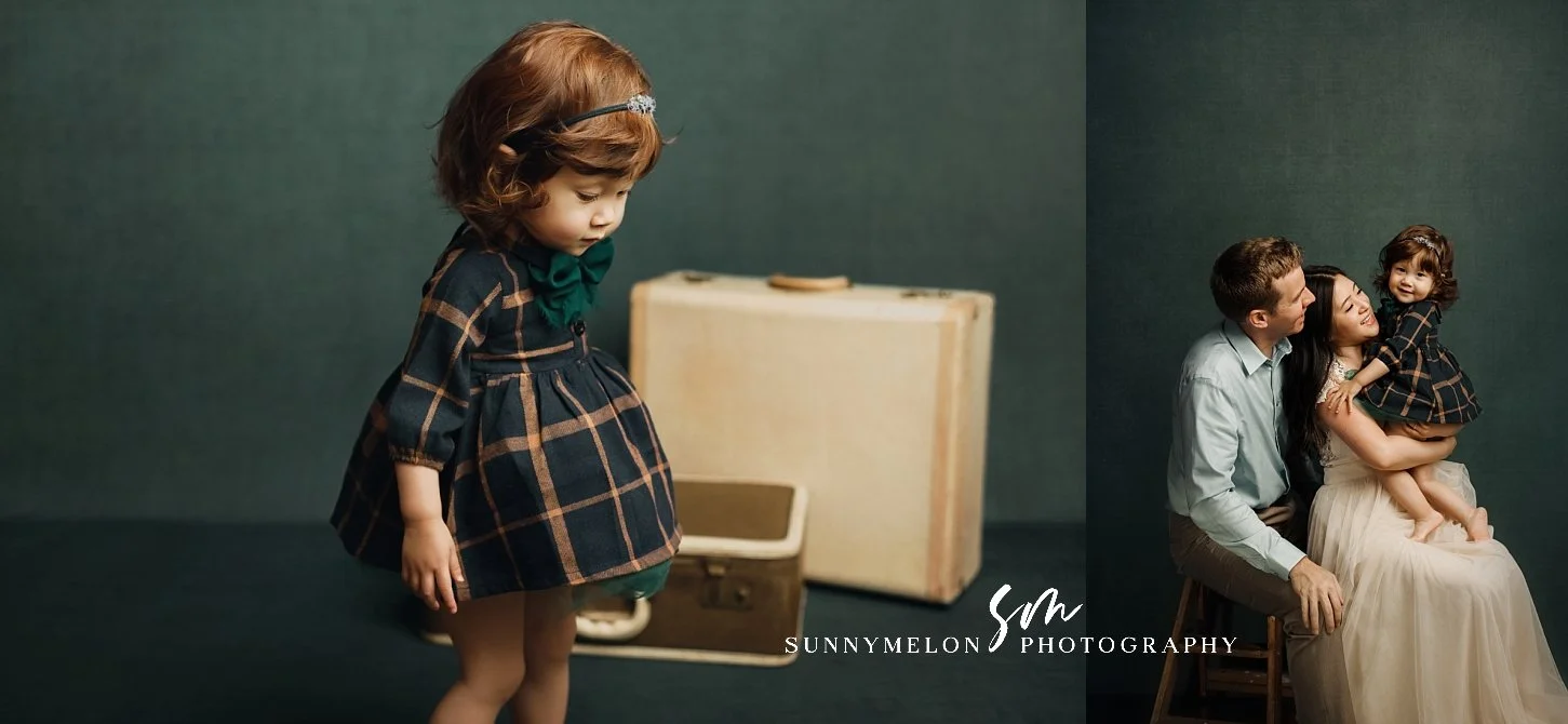 Vintage-Inspired Family Studio Portrait in Deep Emerald Green