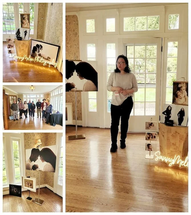 A collage showing photographer Josie Tan at a studio event featuring large-scale maternity and newborn wall art displays and a glowing Sunny Melon Photography neon sign.