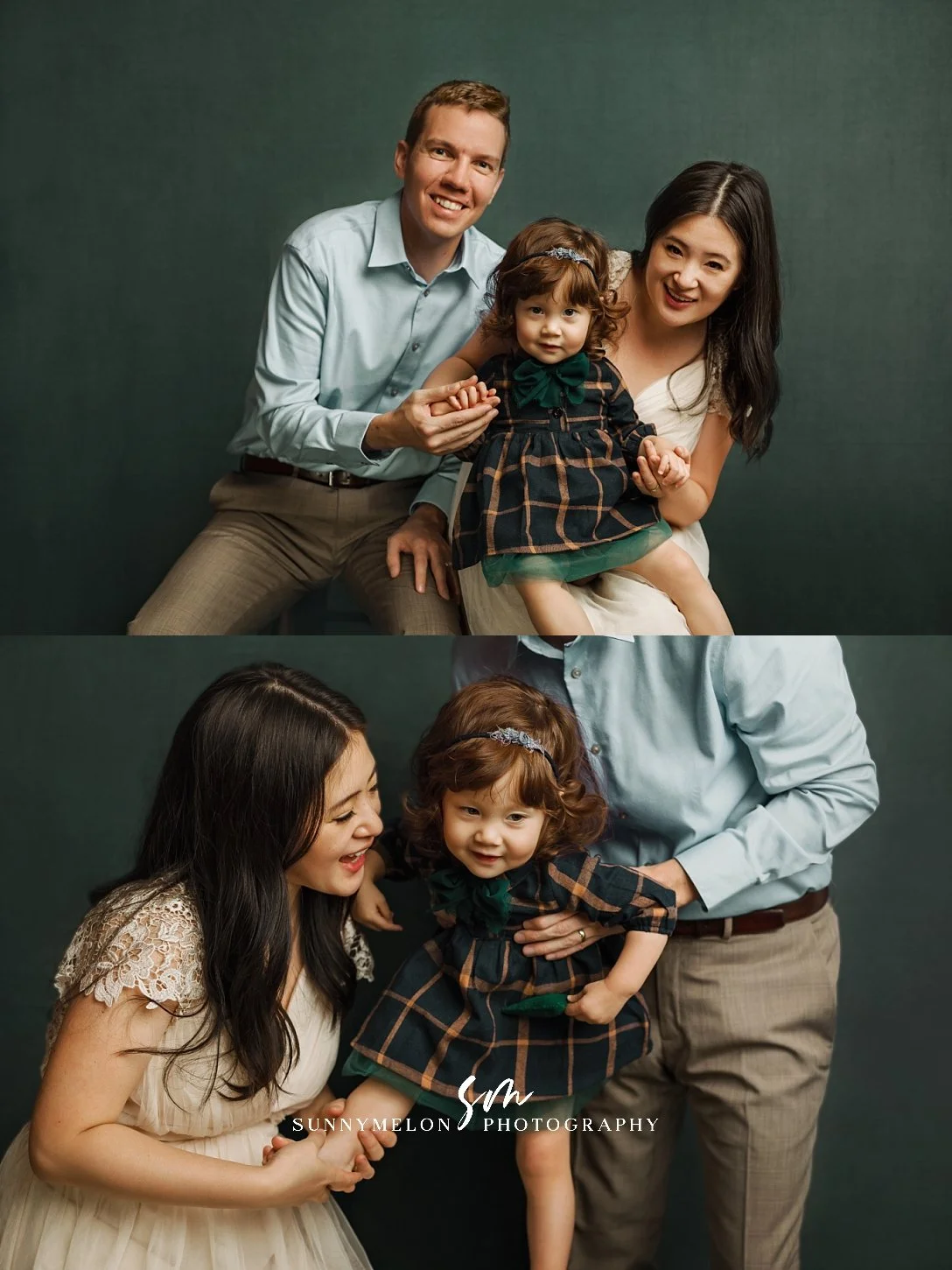 A two-image collage of a family in a studio; the top photo shows the mother, father, and toddler daughter smiling together, and the bottom photo captures the parents laughing while holding their daughter against a textured dark green background.