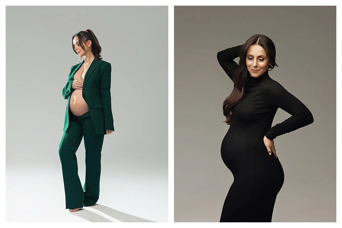 A side-by-side studio maternity collage. The left shows the expectant mother in an emerald green pantsuit with an open blazer displaying her bump against a white backdrop; the right captures her in a fitted black dress against a grey background.
