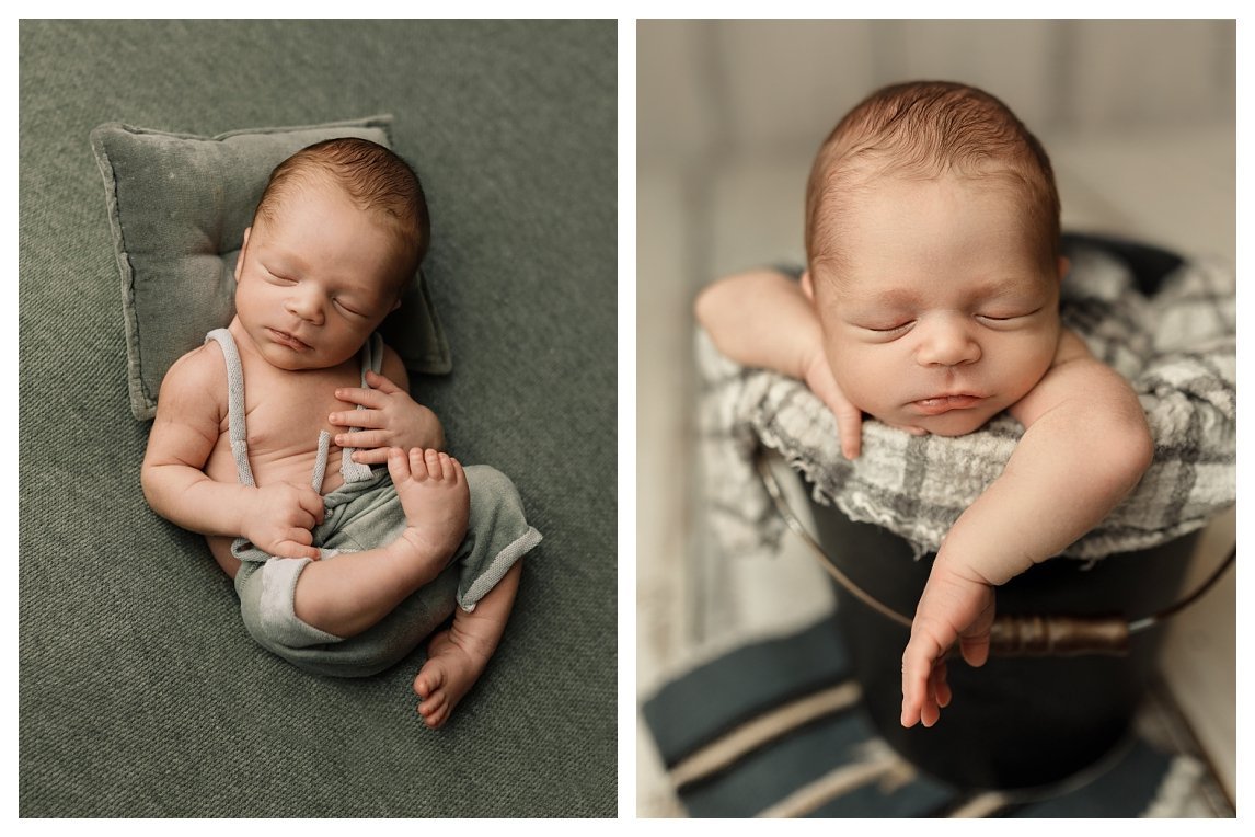 A side-by-side newborn collage. The left shows a baby sleeping in sage green overalls on a matching backdrop and pillow; the right features him sleeping inside a rustic metal bucket lined with a plaid blanket, chin resting on the rim.