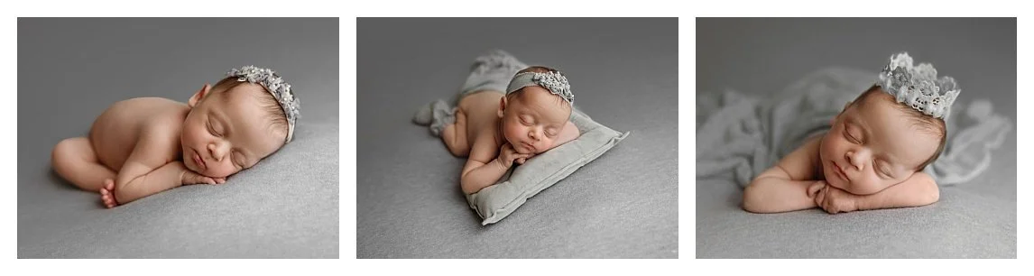 A three-image studio newborn collage against a gray background; the left shows a sleeping baby in a tushy-up pose, the center shows the baby on a pillow, and the right features a close-up in a lace crown.