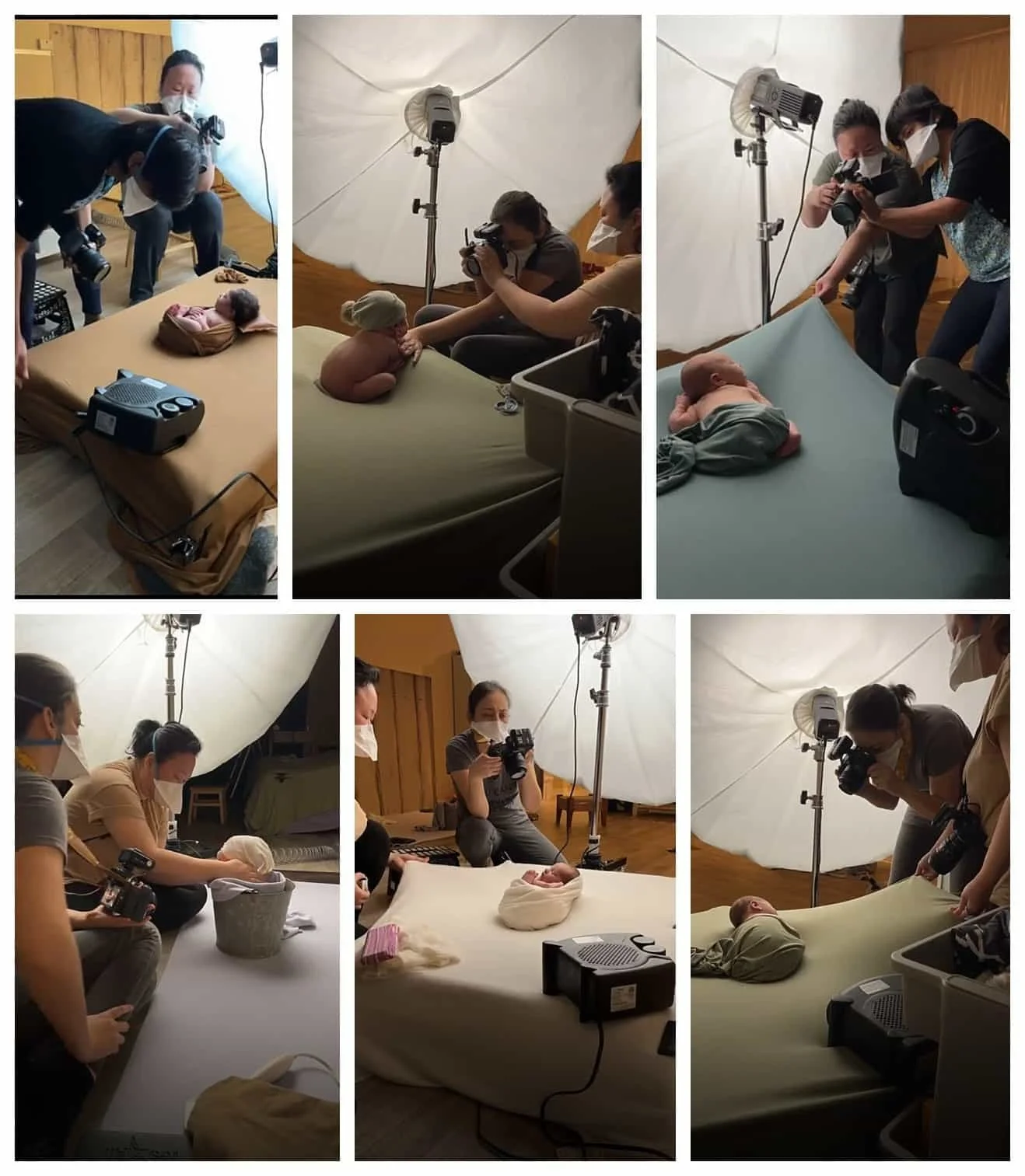 A collage of behind-the-scenes photos showing a professional newborn photography workshop where instructors are carefully posing wrapped babies under studio lighting.