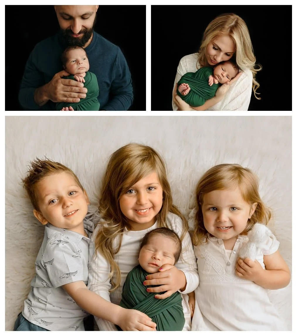 A three-image studio collage; the top frames show a father and mother individually holding their swaddled baby against black, and the large bottom frame shows three smiling siblings laying on white fur around their sleeping baby brother.