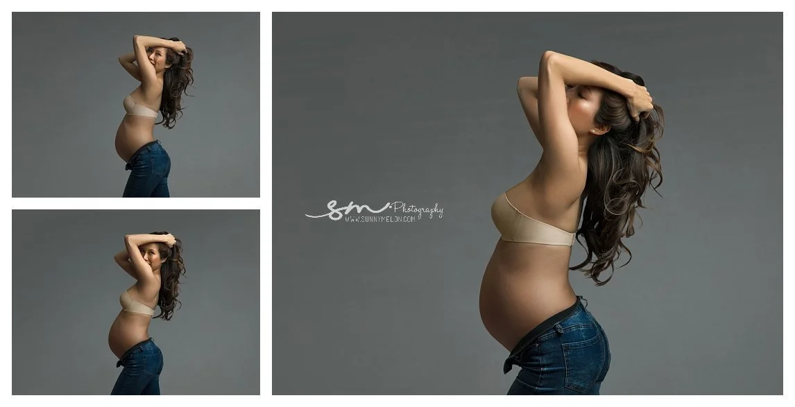 A three-image studio collage against a grey background; a pregnant woman poses in profile wearing a beige bandeau bra and unbuttoned jeans, running her hands through her hair across a large right frame and two smaller stacked left frames.