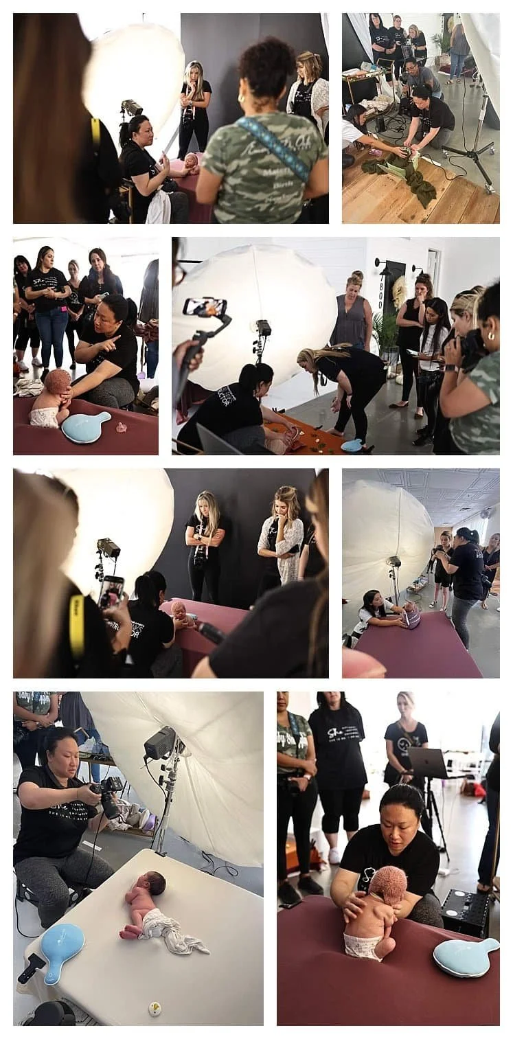 A collage of images showing a professional newborn photography workshop where an instructor demonstrates safe posing techniques for infants to a group of students in a studio setting.