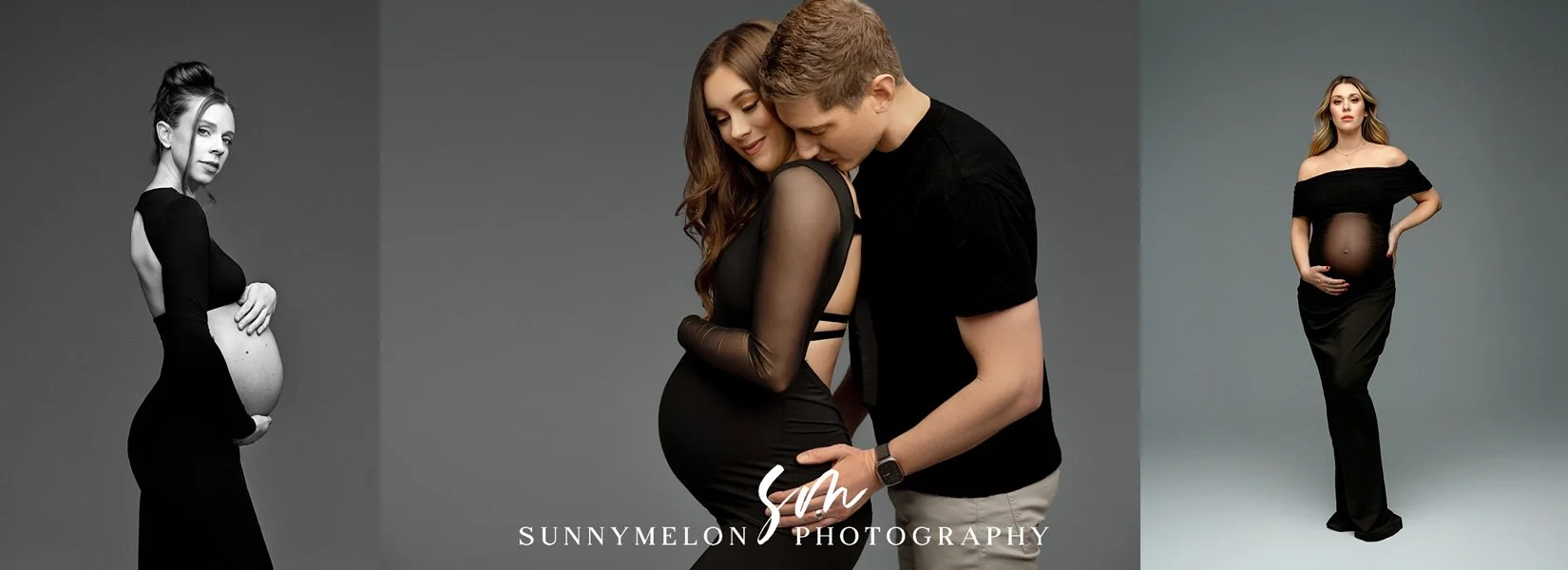 Studio maternity photography Portland Oregon with expectant mom in modern black fitted dress highlighting baby bump